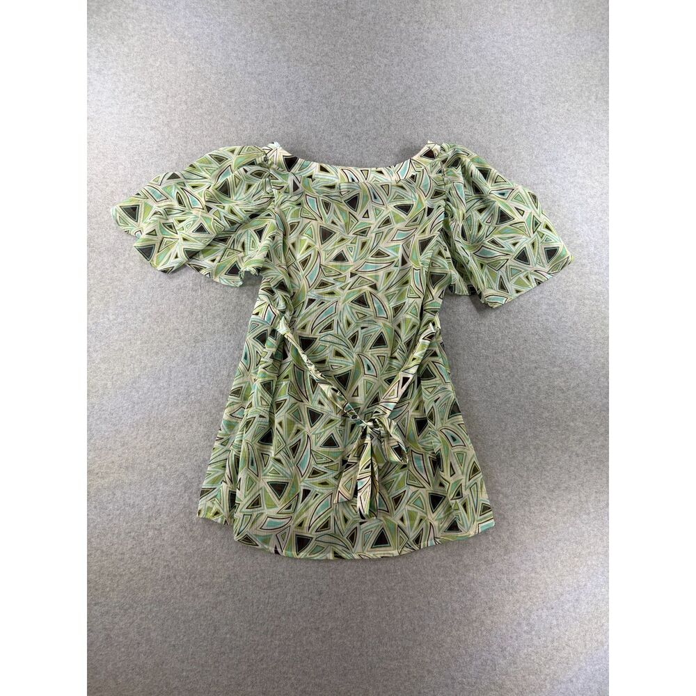 Studio 1940 Large Green Geometric Empire Waist Tie Back Peasant Blouse